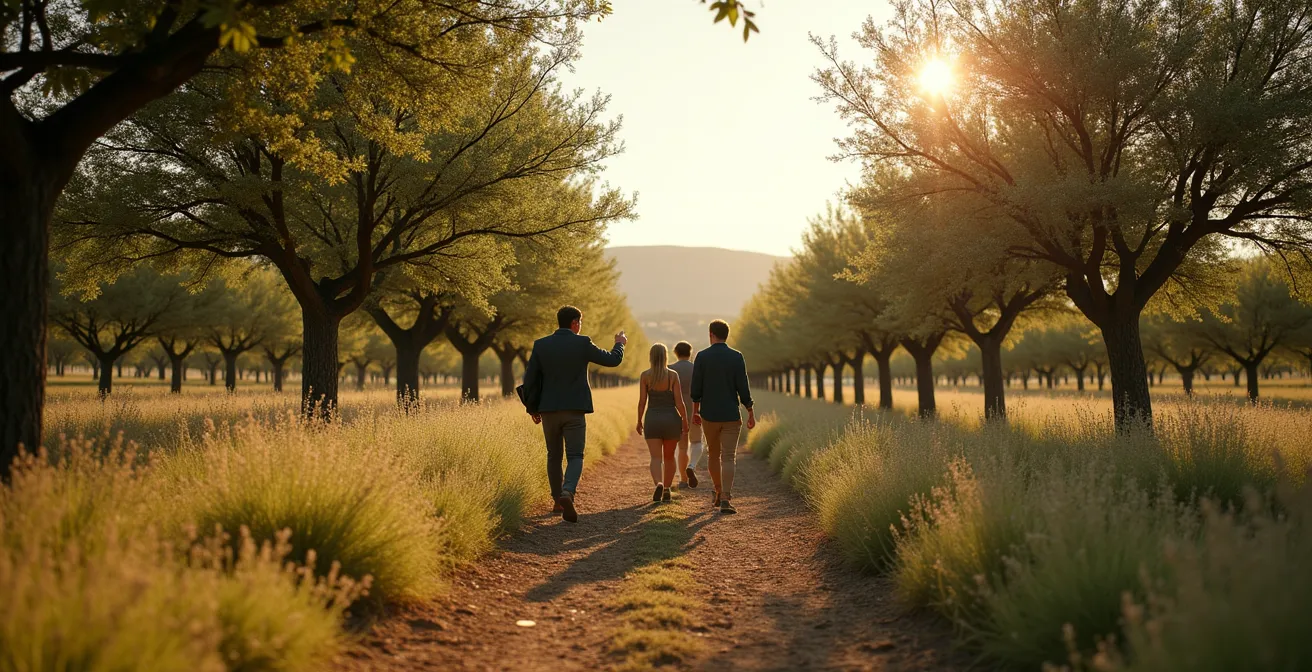 Visitantes recorriendo una plantación de pistacho o almendro con señalización educativa, combinando producción con experiencia de turismo rural.