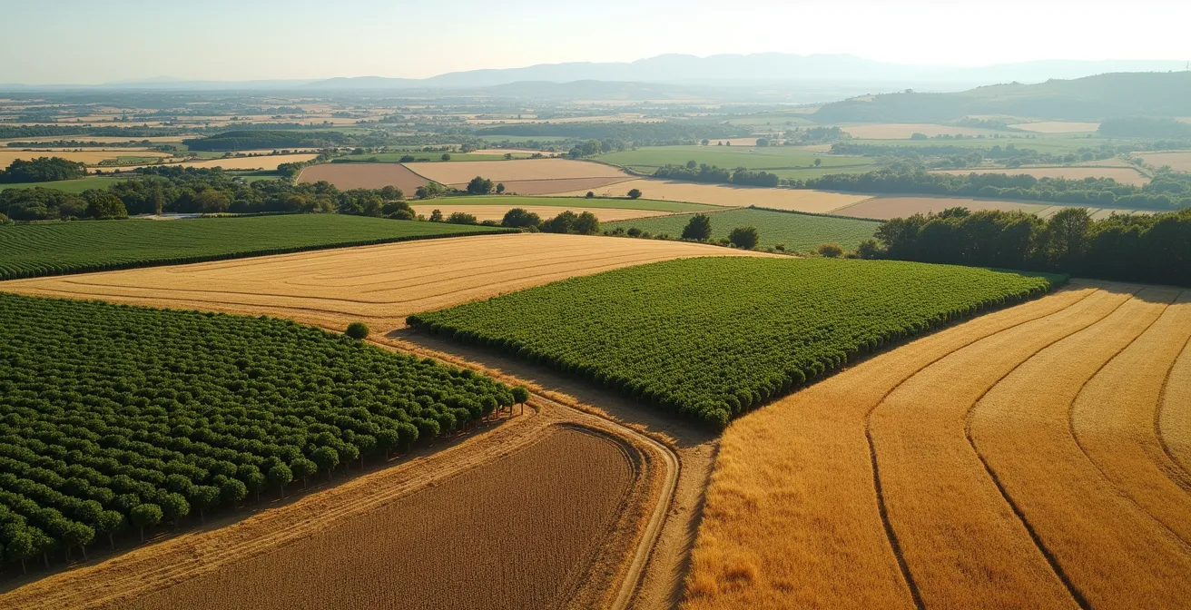 Tabla visual comparativa de márgenes brutos y rentabilidad entre diferentes cultivos españoles, con viñedos, olivares y cereales representados visualmente.