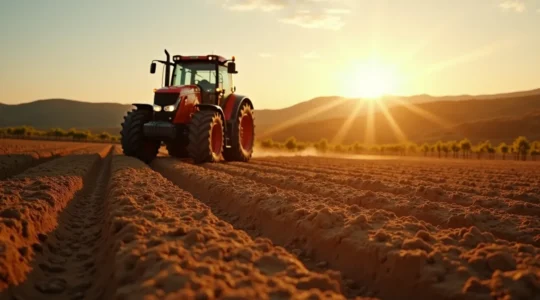Tractor moderno en parcela de cultivo con tecnología de precisión, viñedo de espaldera al atardecer