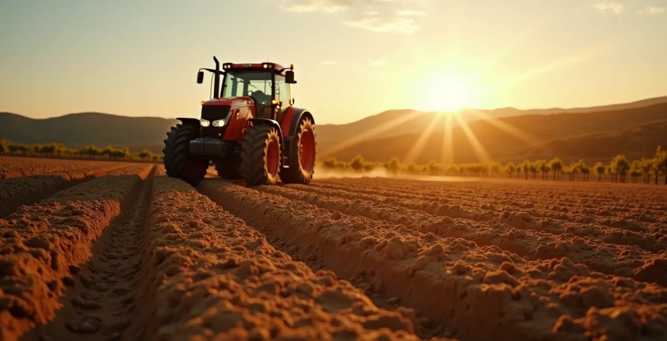 Tractor moderno en parcela de cultivo con tecnología de precisión, viñedo de espaldera al atardecer