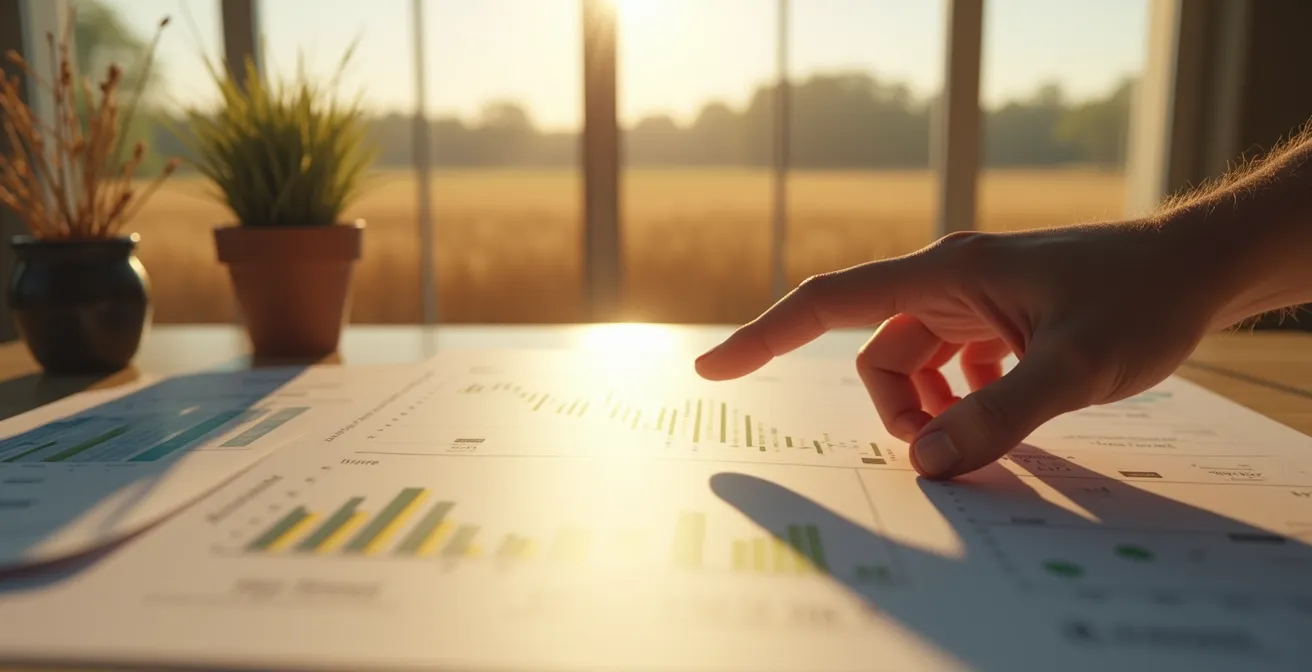 Representación visual de análisis VAN/TIR en proyecto agrícola con gráficos de rentabilidad y decisión de inversión