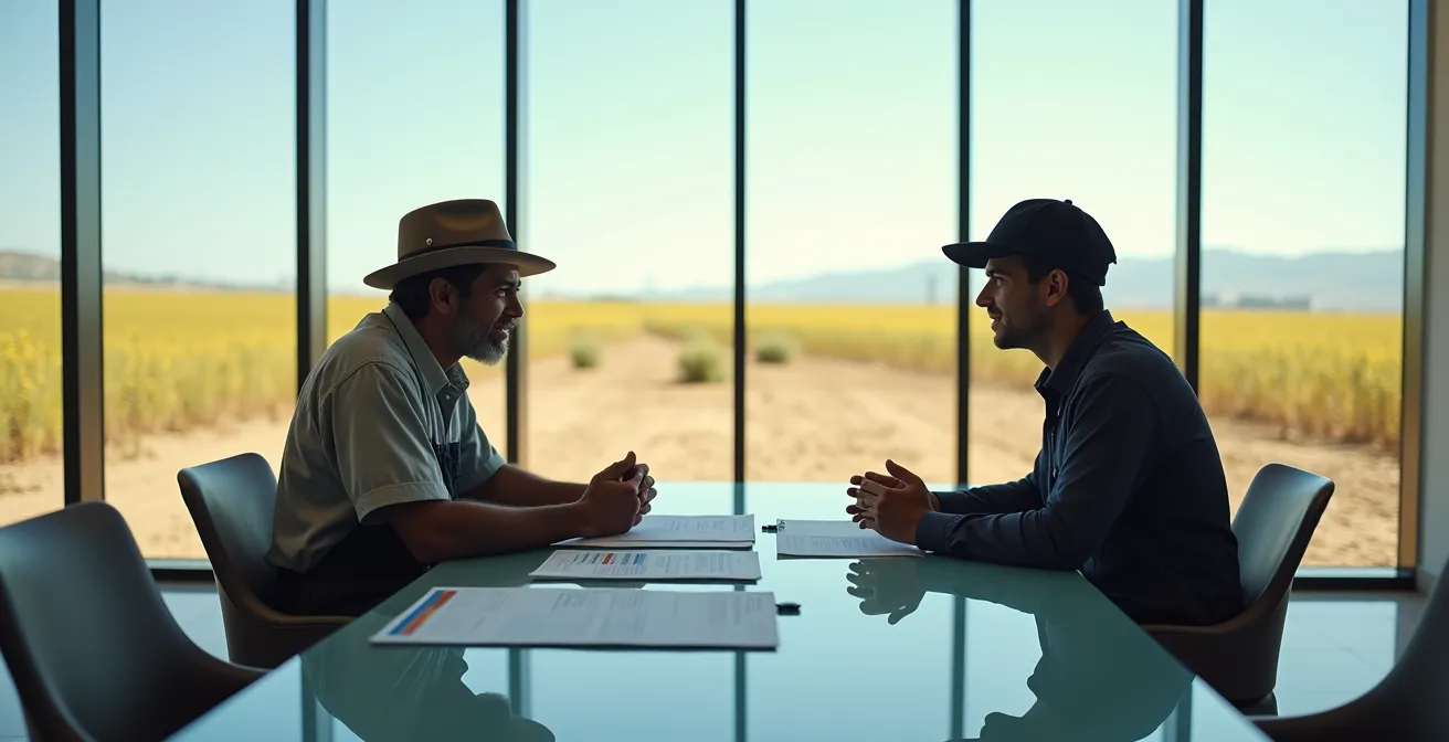 Un agricultor en una reunión en una oficina bancaria, mostrando documentos que justifican una mala cosecha por la sequía para negociar una carencia en su préstamo.