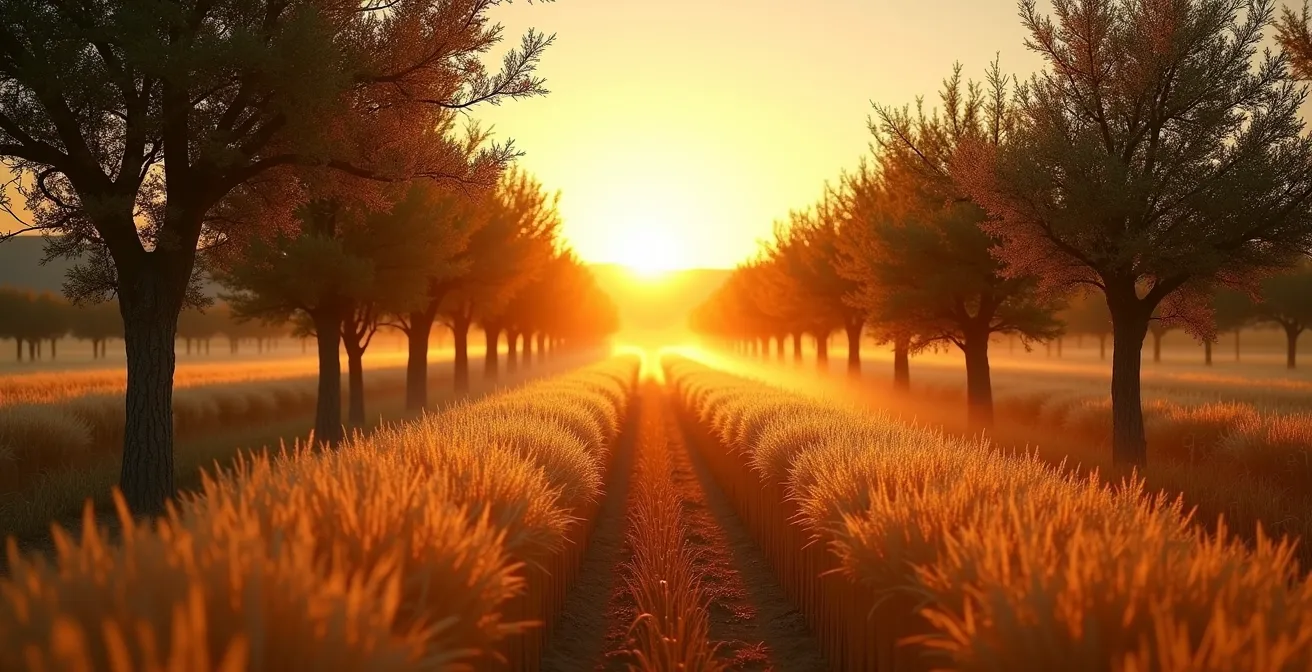 Sistema agroforestal moderno con hileras de almendros jóvenes intercalados con cultivo de cereal en la meseta española