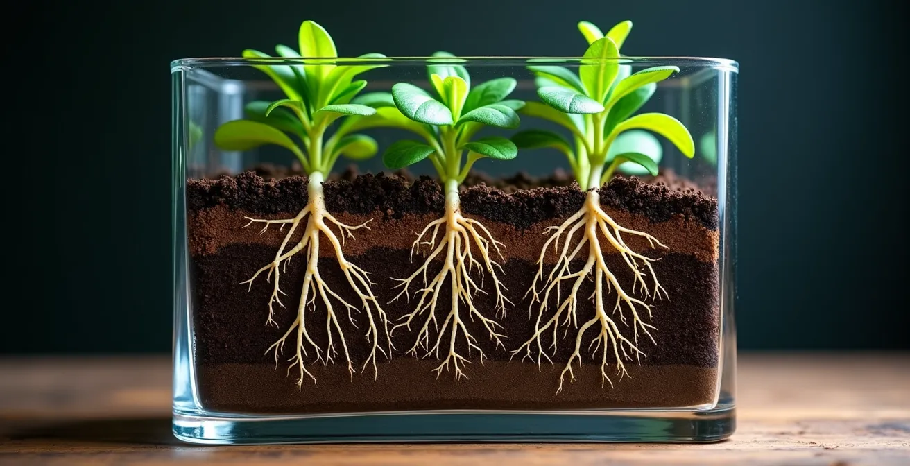 Vista macro de raíces de diferentes plantas interactuando en el suelo mostrando la zona de intercambio químico