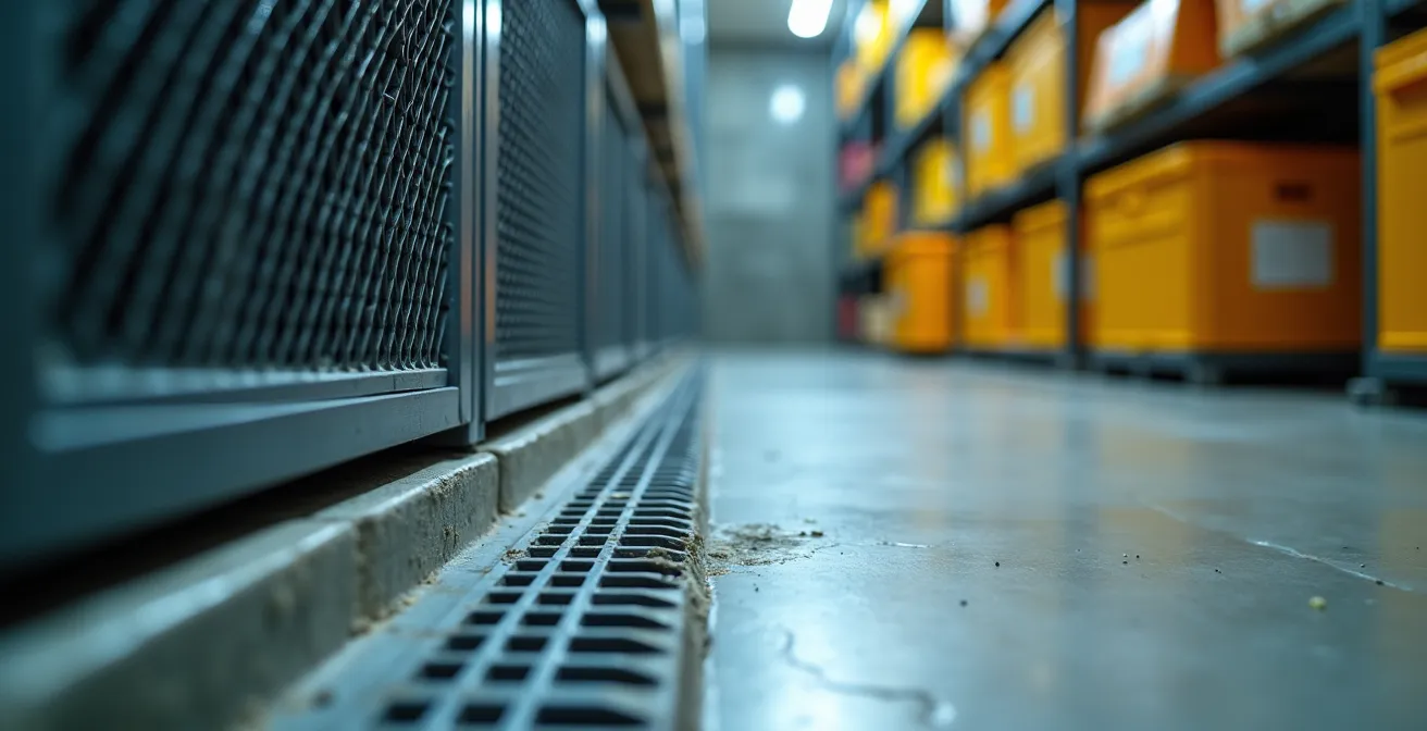 Interior de almacén de fitosanitarios con sistemas de seguridad y ventilación visible