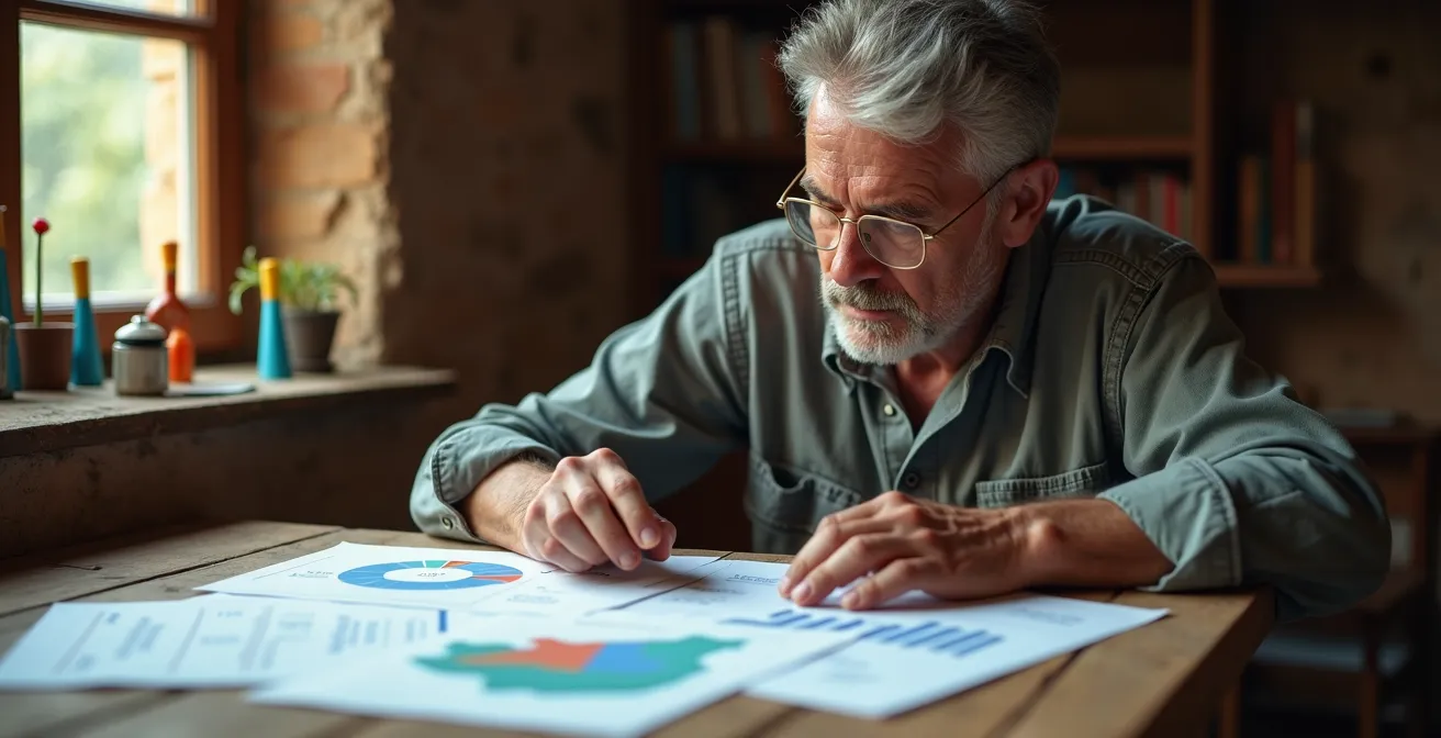 Agricultor estudiando múltiples informes de mercado con mapas de España de fondo