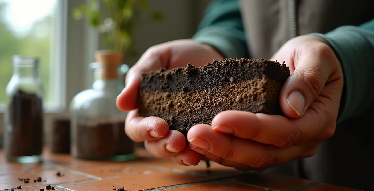 Manos de agricultor sosteniendo muestra de tierra con diferentes capas de suelo visibles y herramientas de análisis