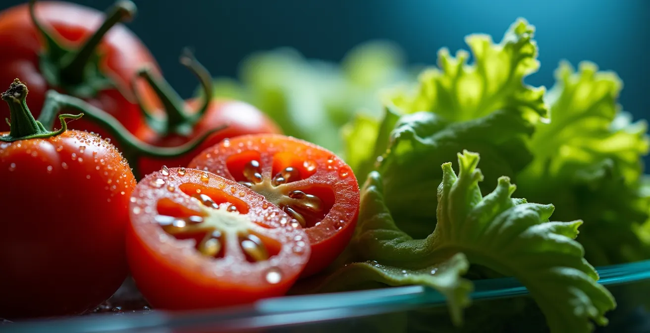 Vista macro de gotas de condensación en productos agrícolas frescos refrigerados