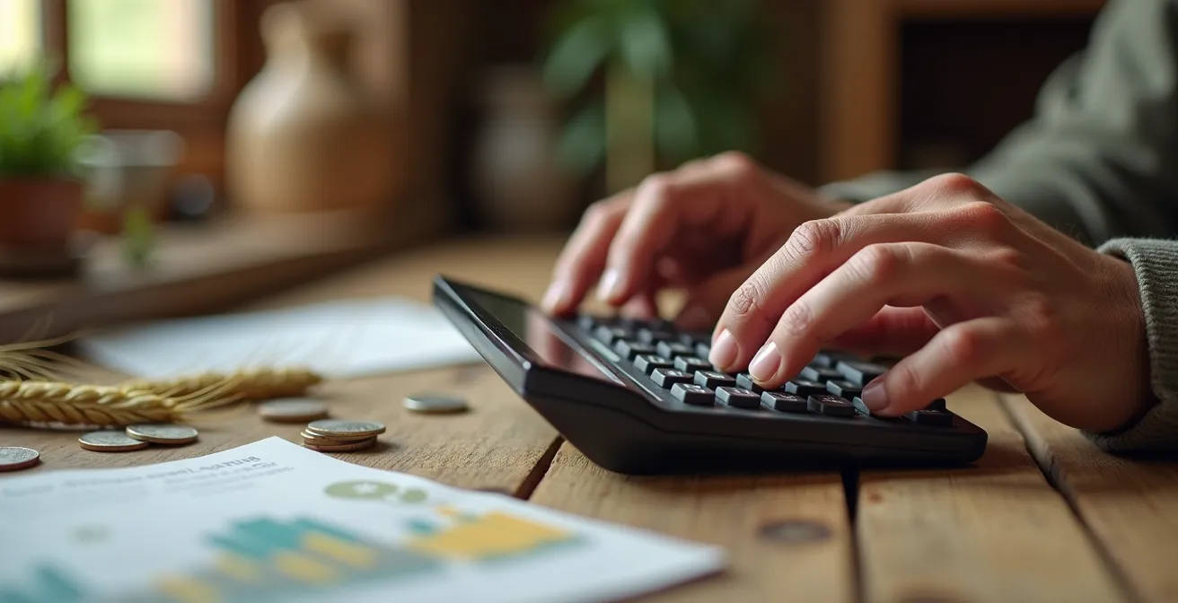 Manos de agricultor usando calculadora sobre mesa con documentos y semillas