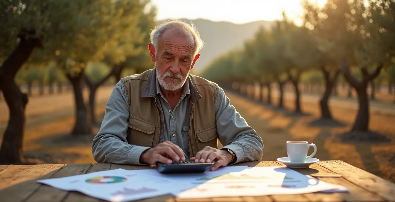 Agricultor revisando documentos financieros con plantación joven de almendros al fondo