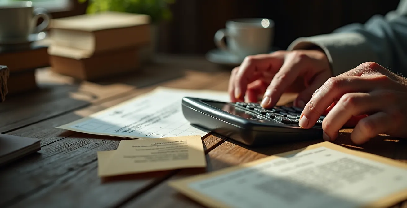 Manos de agricultor usando una calculadora sobre documentos financieros para planificar la carencia de un préstamo agrícola.