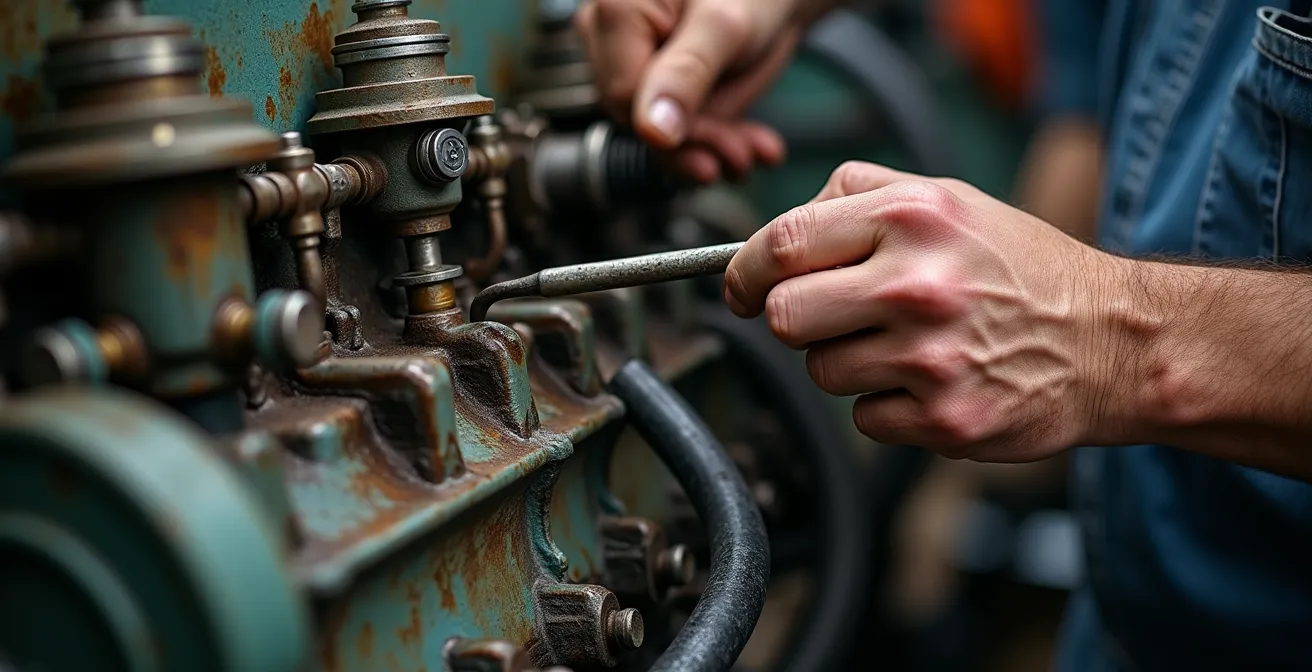 Mecánico profesional realizando inspección detallada de componentes de tractor agrícola