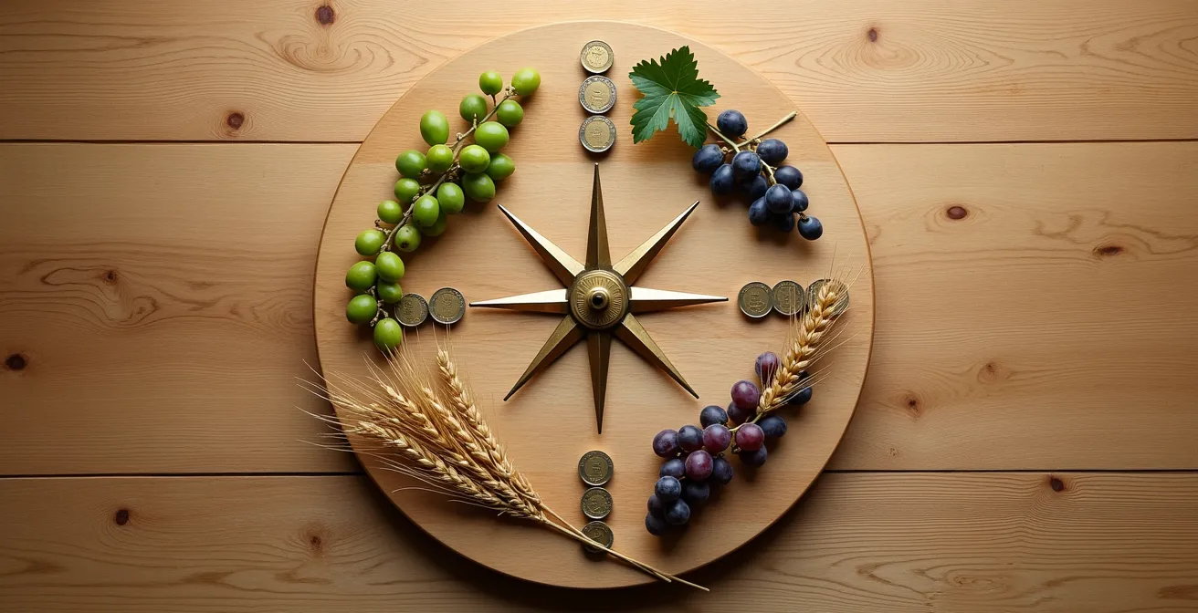 Calendario visual con iconos de cultivos españoles como olivas, uvas y trigo, y gráficos de flujo de caja estacional que muestran pagos concentrados en los periodos de cosecha.