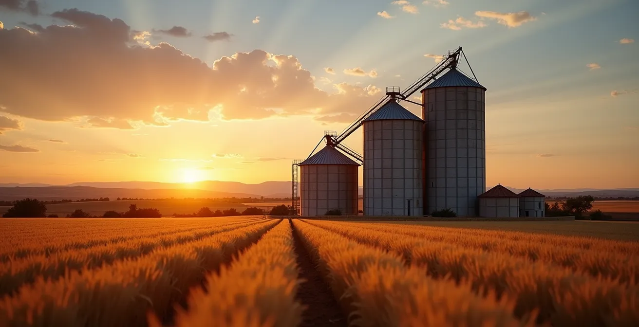 Calendario visual de ventas escalonadas con silos y cosechas estacionales