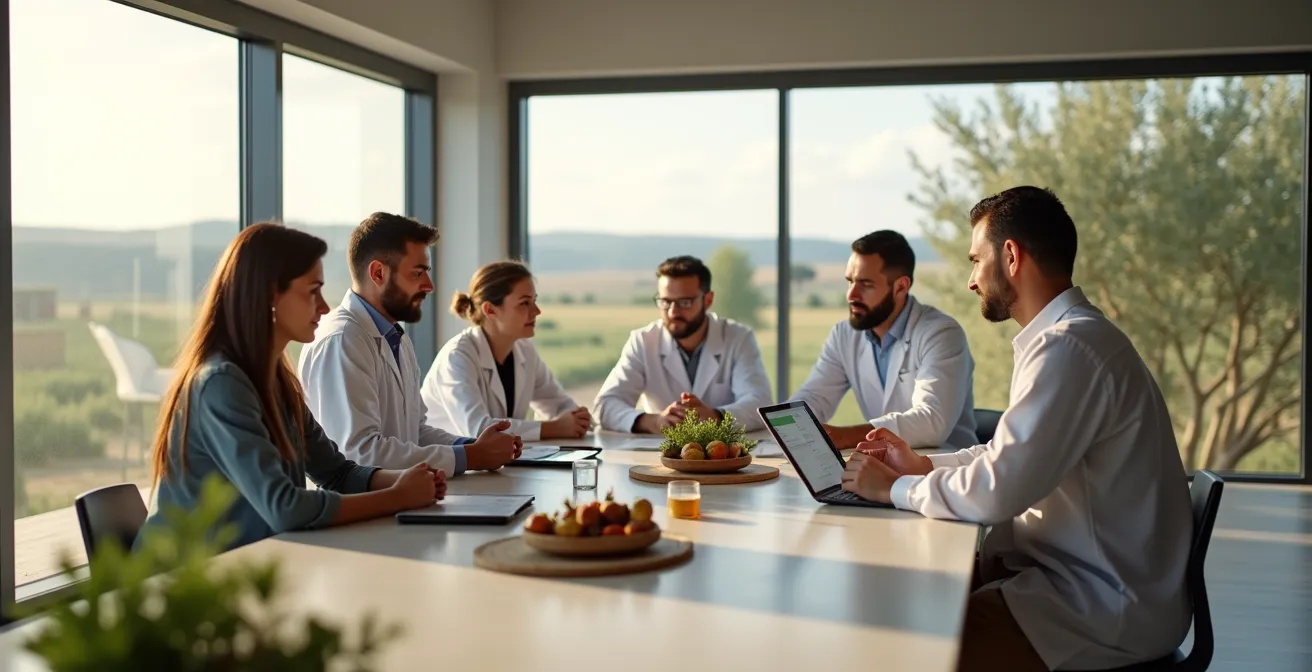 Interior moderno de centro tecnológico de cooperativa agraria con pantallas mostrando datos agrícolas y técnicos asesorando a agricultores