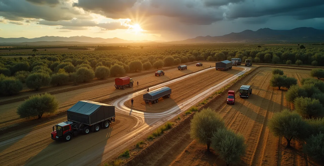 Vista aérea de una explotación agrícola española preparándose para una tormenta con medidas de protección visibles