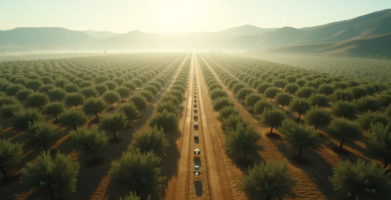 Vista aérea mostrando tres niveles de monitorización agrícola en un campo de olivos