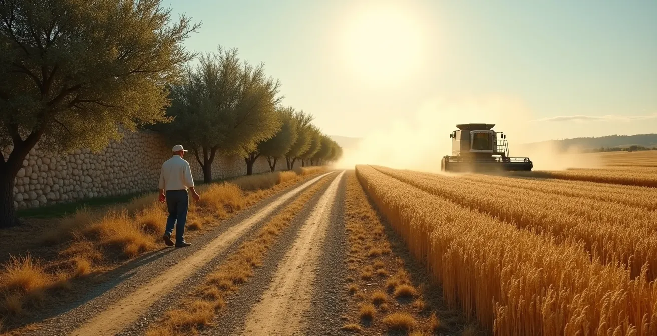 Contraste visual entre una pequeña explotación familiar y grandes extensiones agrícolas industriales en España