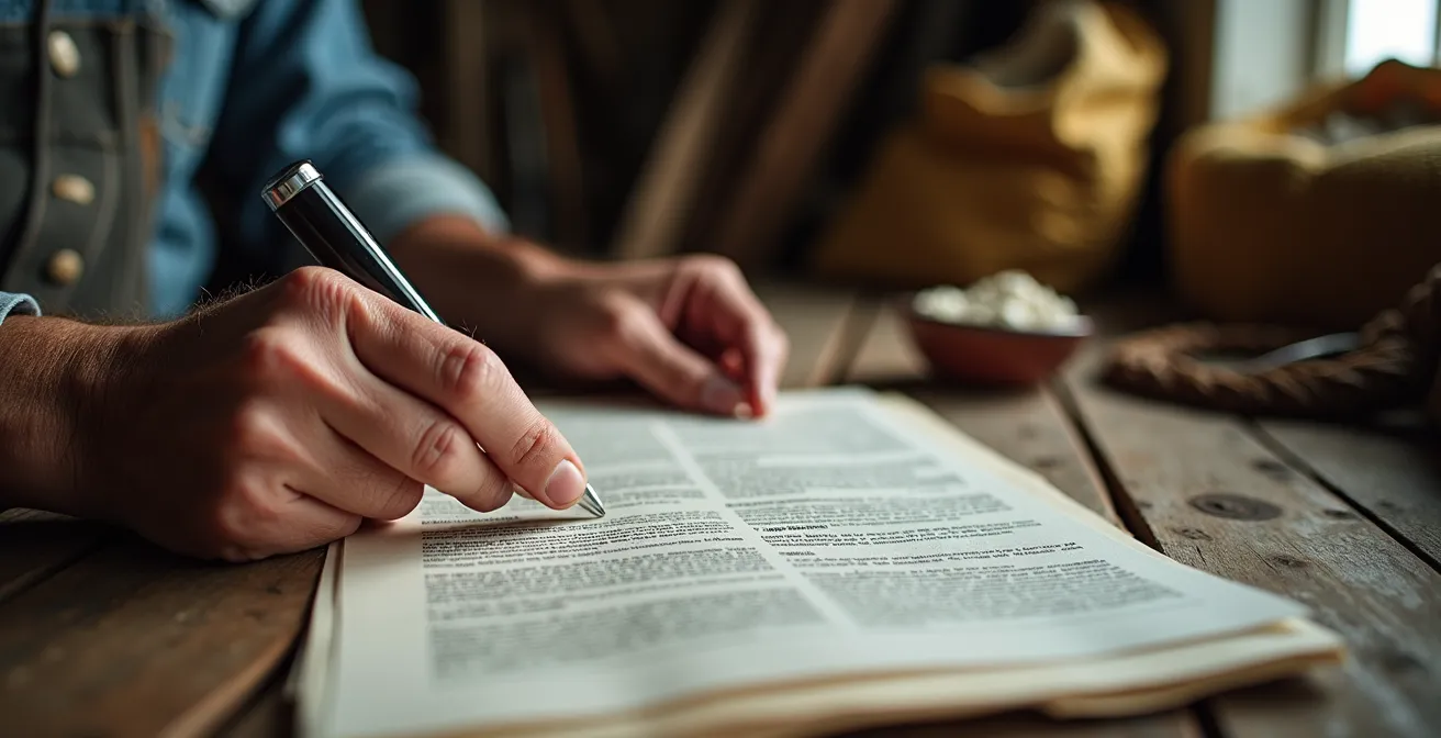 Manos de ganadero examinando documentos contractuales en una granja