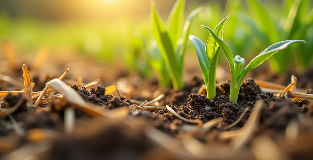 Campo agrícola mostrando transición entre cultivos de invierno y primavera con mínima presencia de malas hierbas