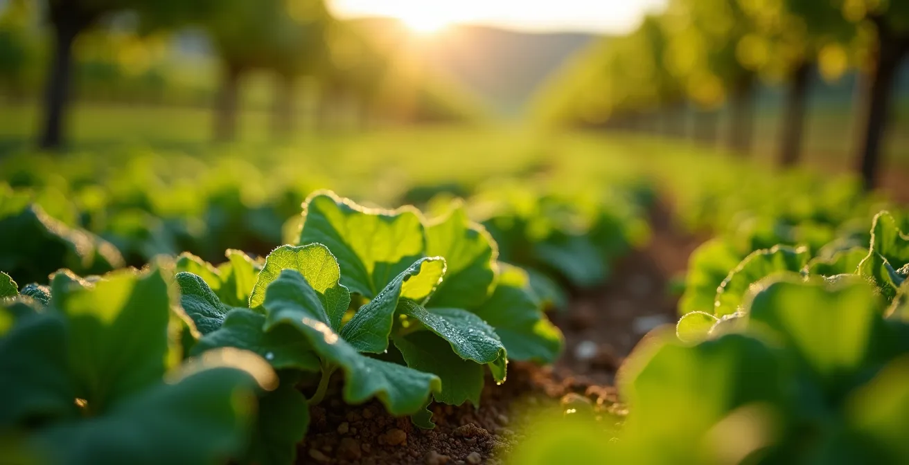 Viñedo español con cubierta vegetal de leguminosas entre hileras bajo luz dorada del atardecer
