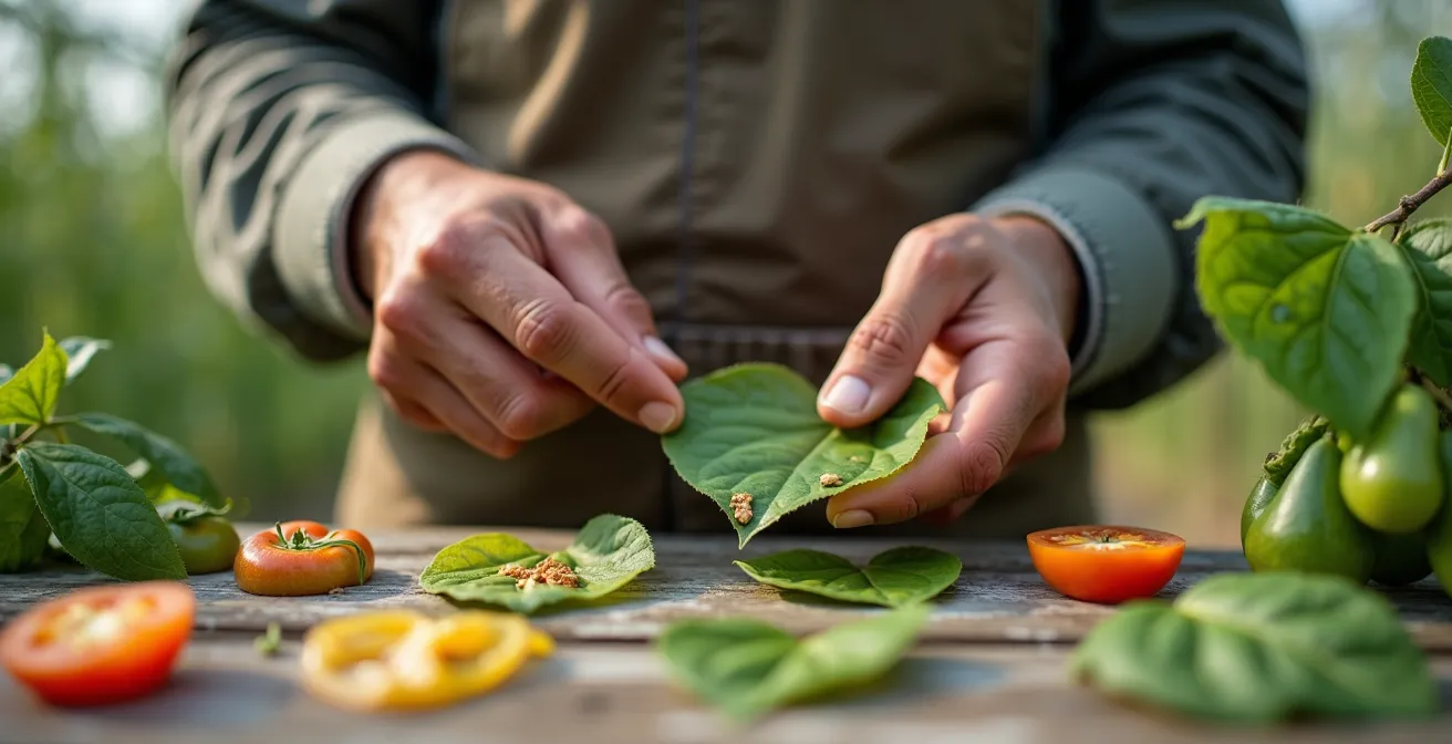 Composición de diferentes hojas de tomate mostrando síntomas diversos de carencias y plagas
