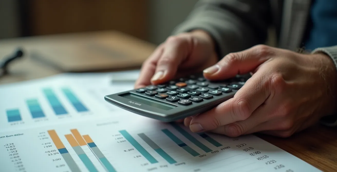 Mesa de trabajo con calculadora, documentos contables y manos de agricultor revisando cifras de retorno cooperativo