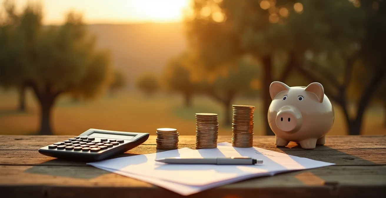 Mesa de trabajo con calculadora y documentos financieros en entorno de olivar español