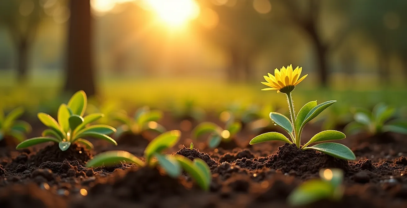Detalle macro de suelo con cubierta vegetal y biodiversidad en olivar español