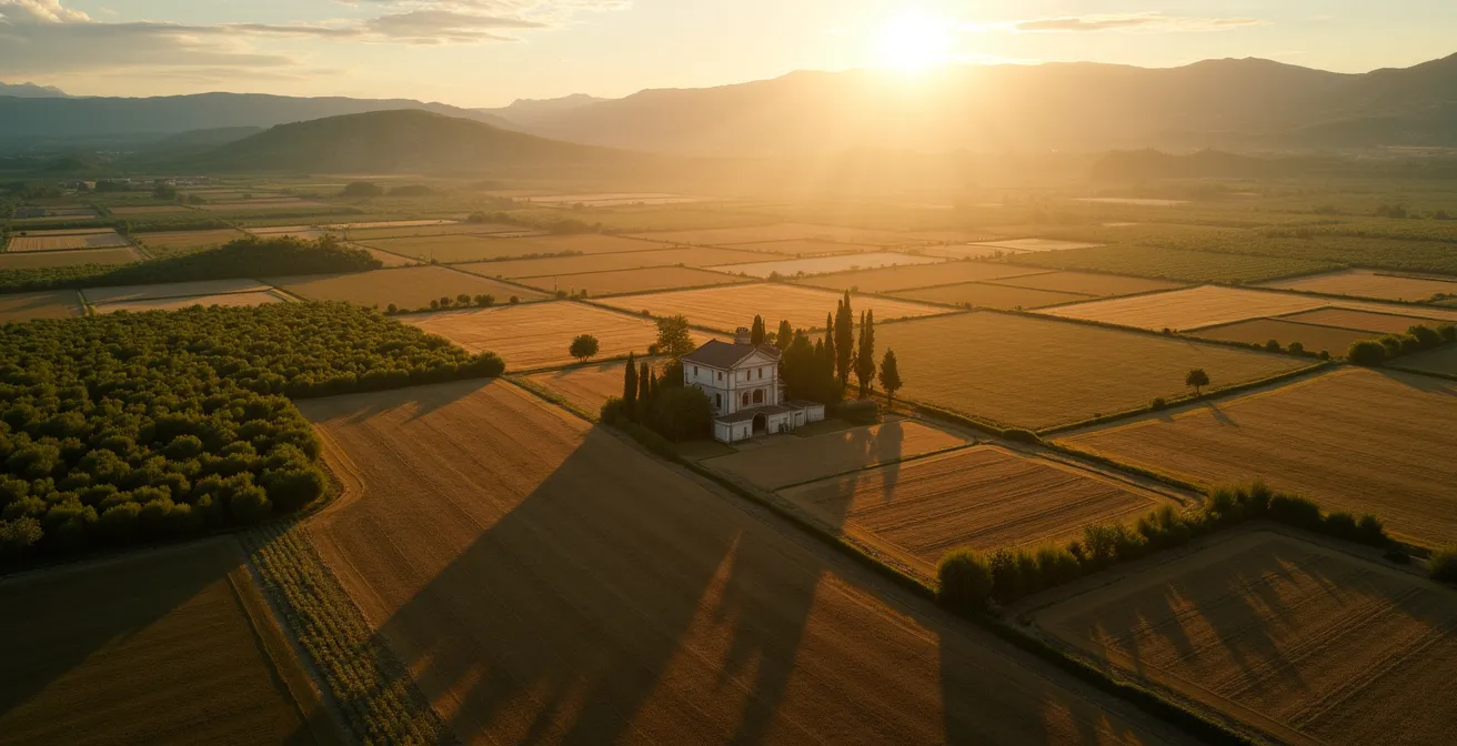 Vista aérea de campos agrícolas españoles con diversos cultivos, simbolizando el ecosistema del seguro agrario en España.