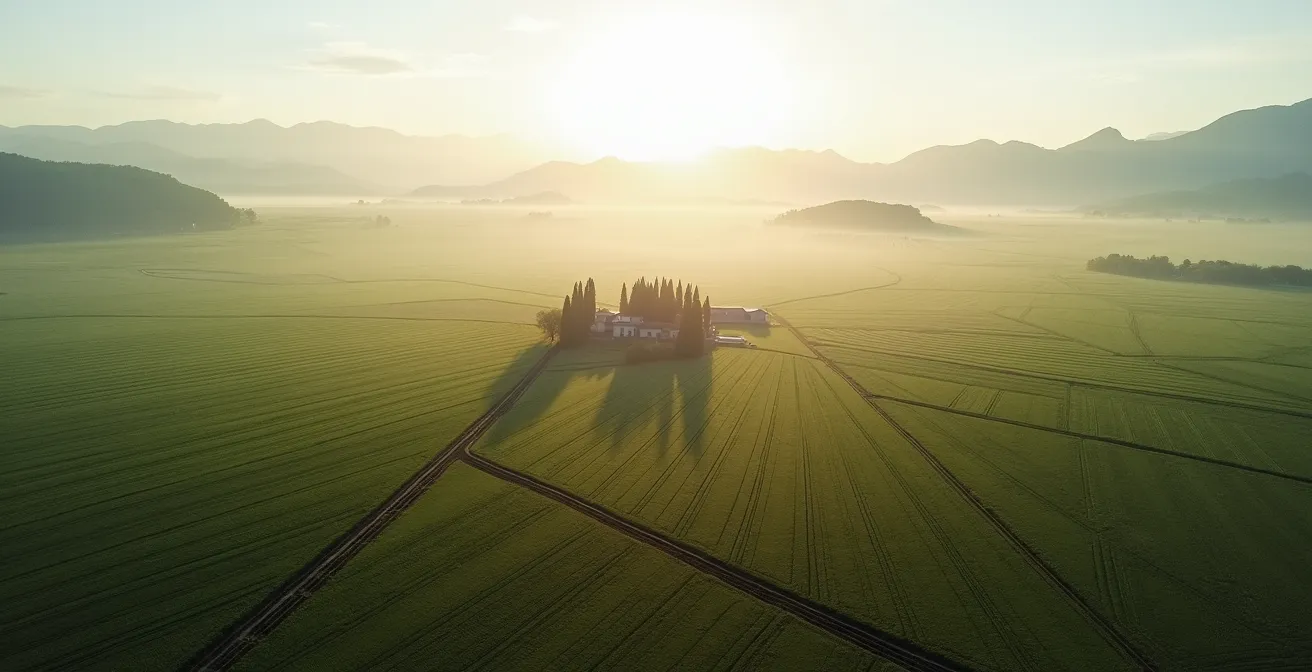 Vista aérea minimalista de finca agrícola con múltiples rutas de distribución armonizadas