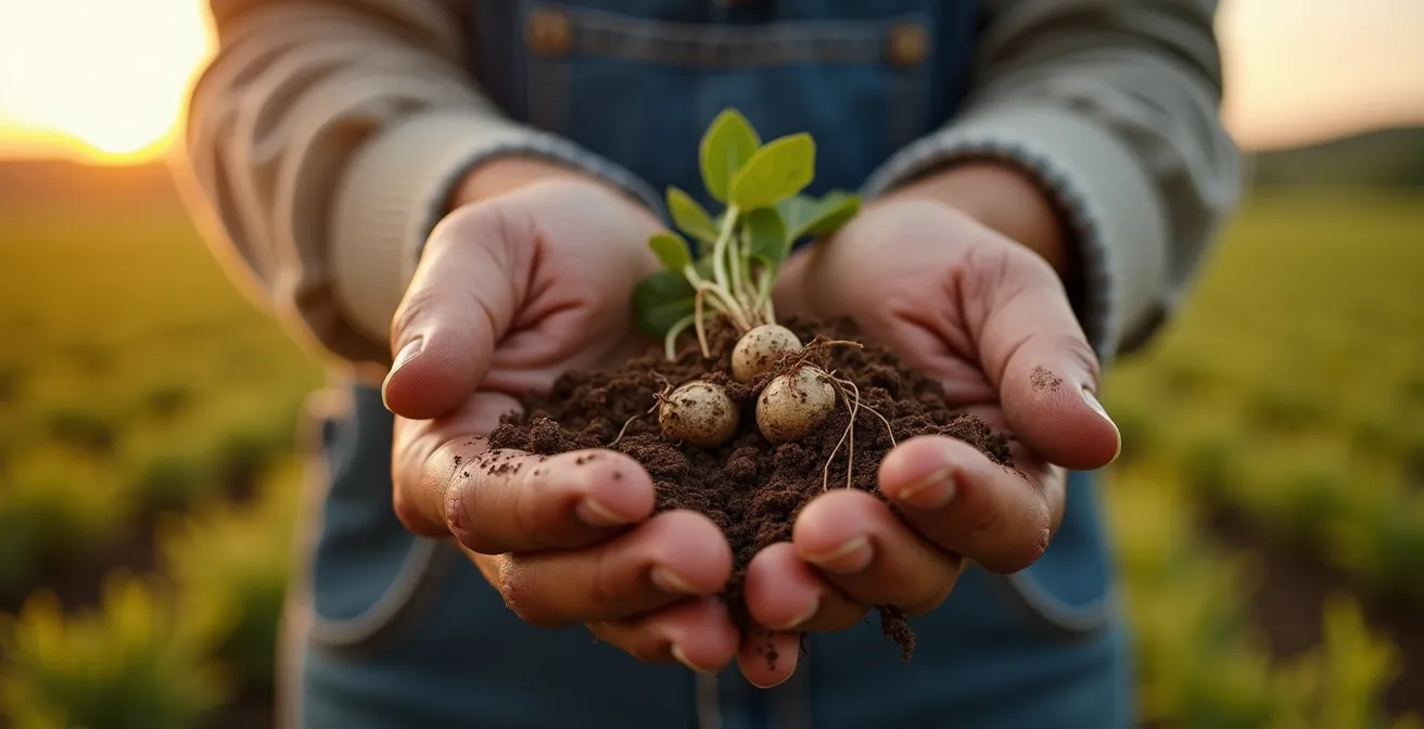 Detalle de nódulos de Rhizobium en raíces de leguminosa mostrando la simbiosis bacteriana