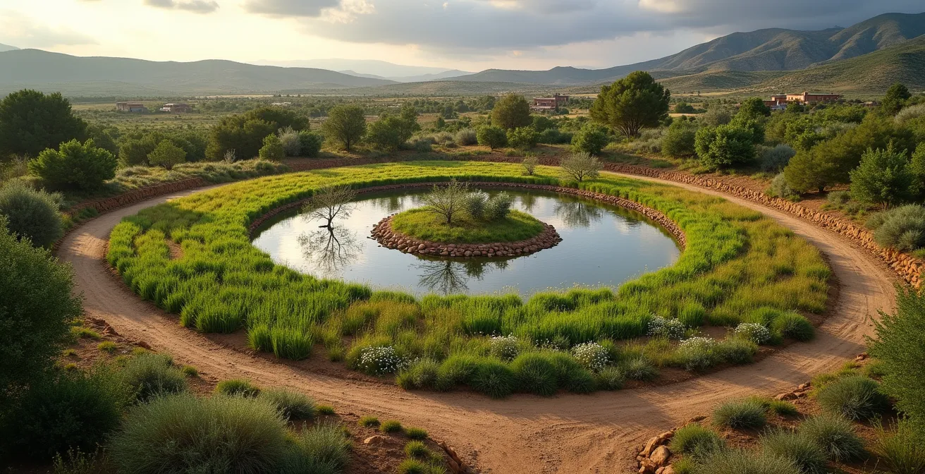 Vista panorámica de finca regenerativa española mostrando la integración de cultivos, ganado y naturaleza