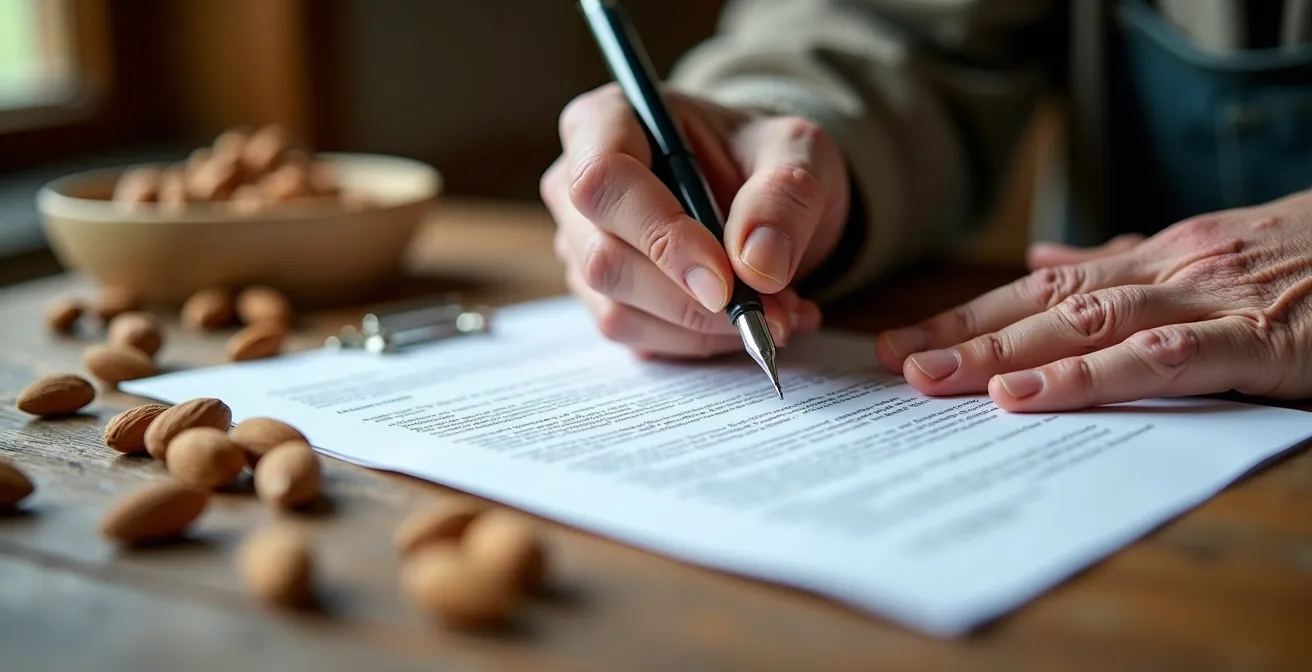 Manos firmando contrato agrícola con almendras sobre la mesa