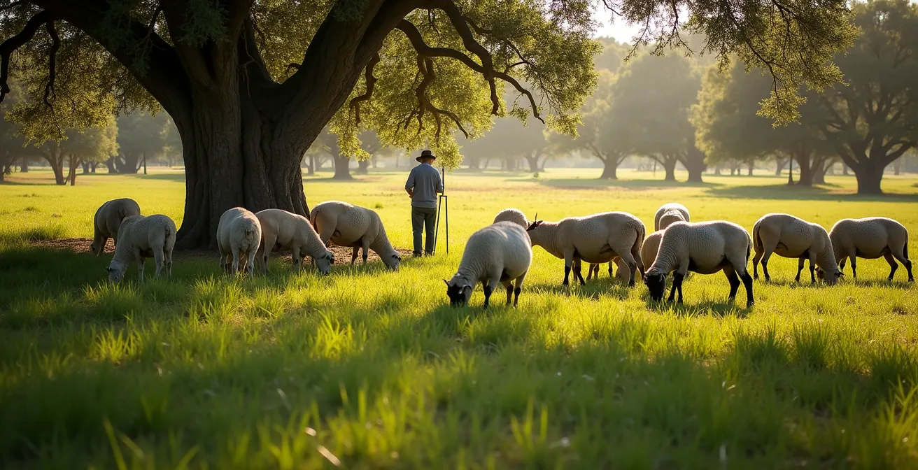 Ovejas merinas pastando en dehesa extremeña con encinas centenarias y pasto verde regenerado mediante pastoreo rotacional