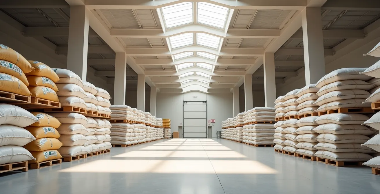Almacén de cooperativa agrícola con sacos de fertilizantes y semillas organizados