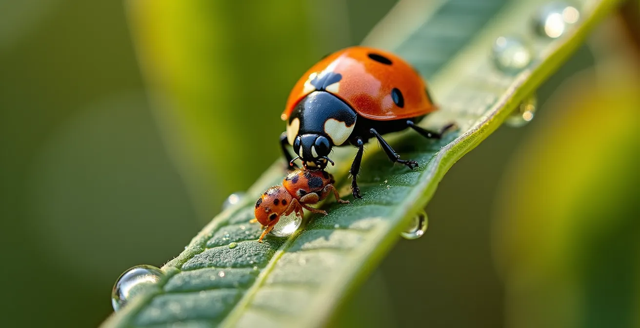 Detalle macro de mariquita depredando pulgones en hoja de olivo con fondo de seto florido