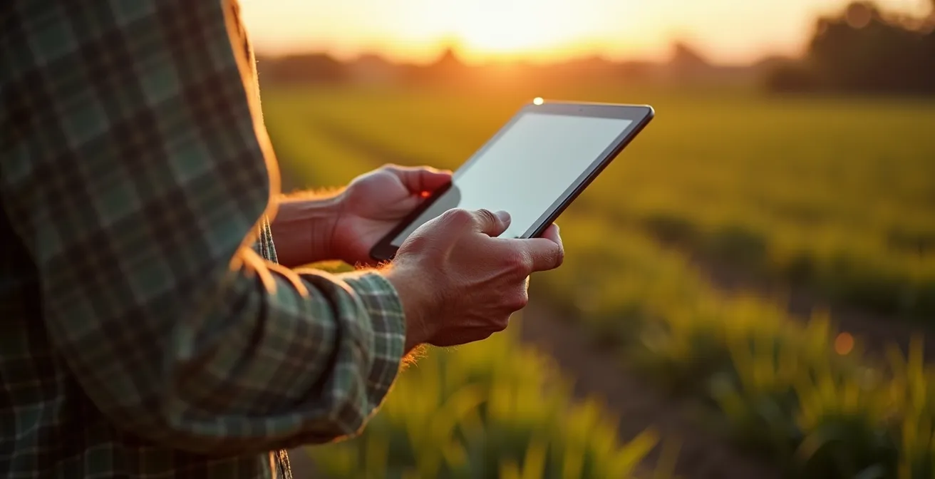 Manos de agricultor revisando tablet con datos digitales en parcela agrícola