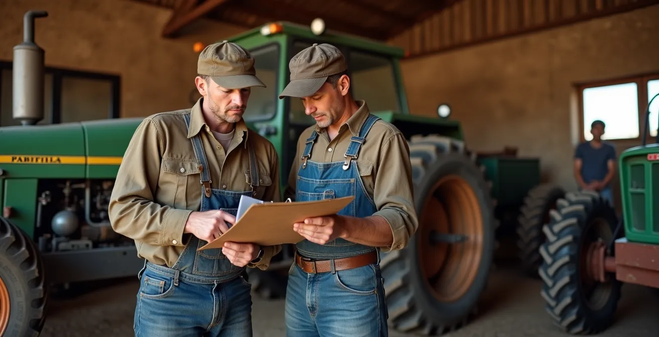 Agricultor y perito examinando documentación junto a tractor usado en cooperativa agrícola española