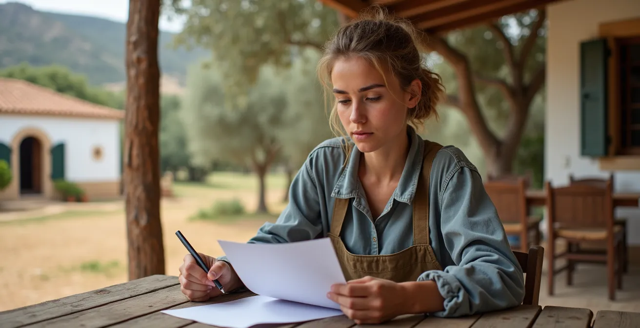 Joven agricultora revisando documentos en el campo con tractor al fondo