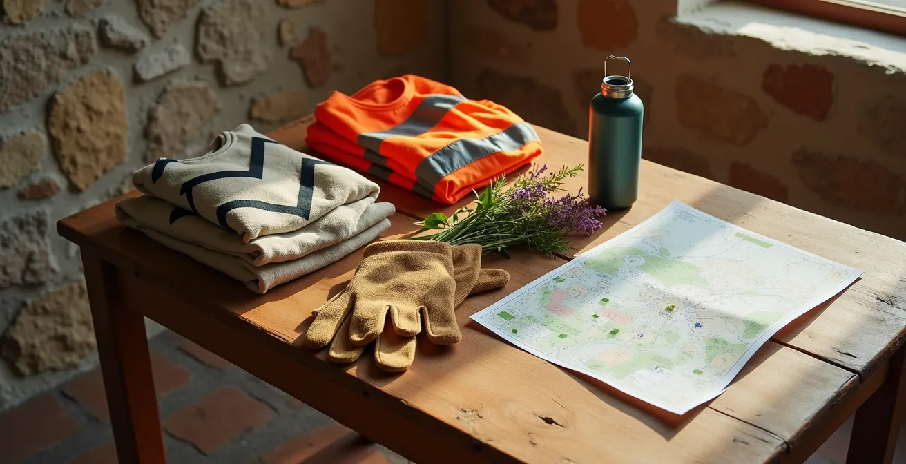 Kit de bienvenida profesional para nuevo trabajador agrícola dispuesto sobre una mesa rústica.