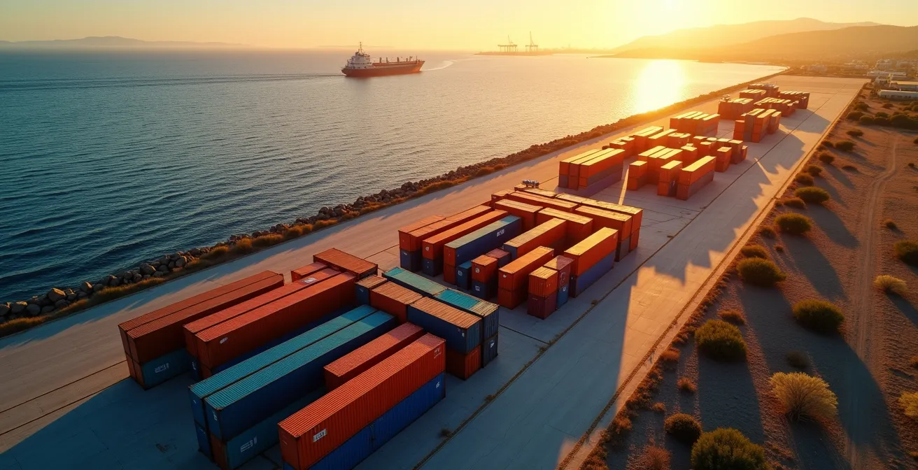 Vista aérea del puerto de Valencia con contenedores y productos agrícolas preparados para exportación