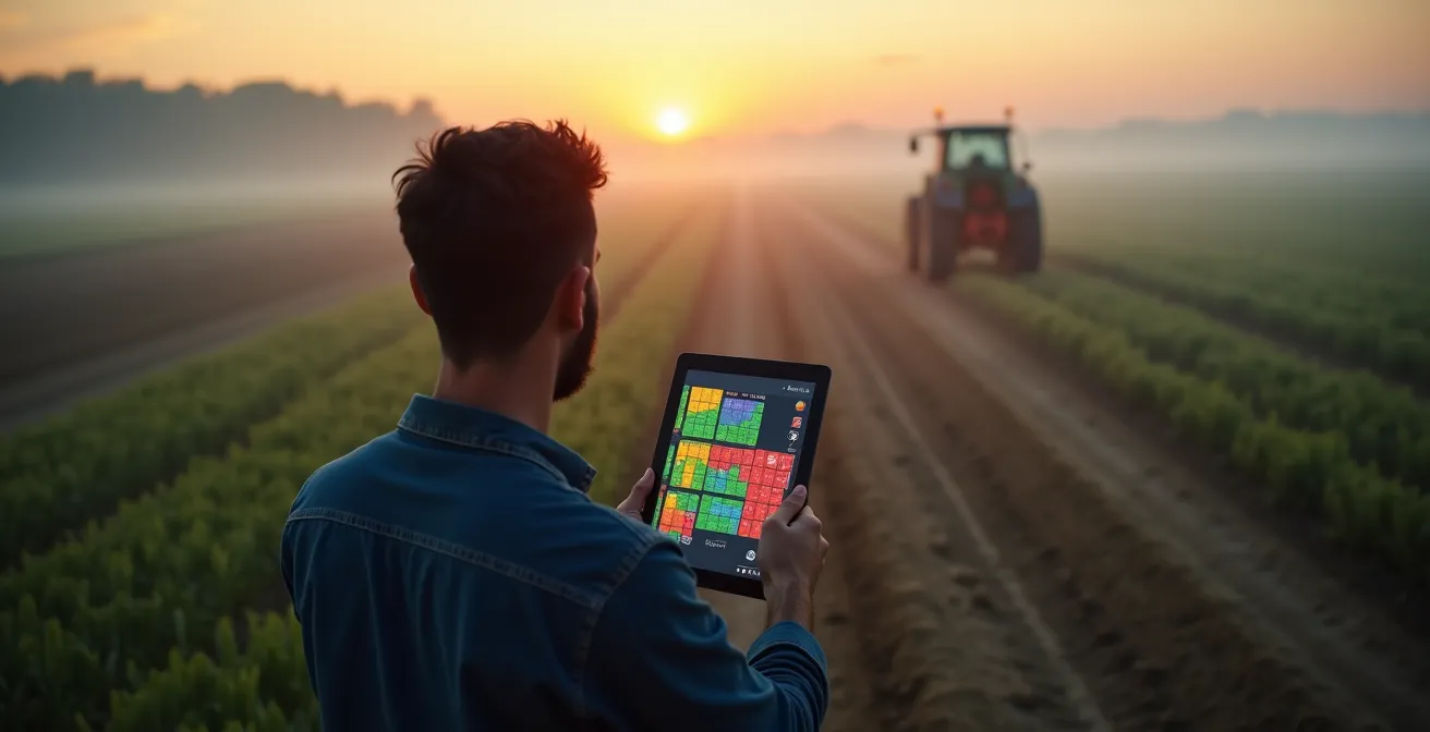 Granjero creando mapa visual de riesgos con zonas codificadas por colores en su explotación