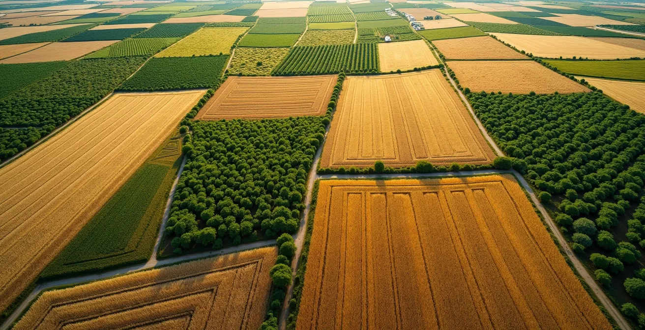 Vista aérea de parcelas agrícolas españolas mostrando diferentes tipos de cultivos y la diversidad del territorio agrario