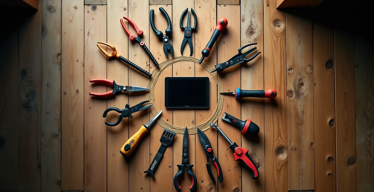 Diagrama visual de competencias cruzadas en equipo agrícola que muestra herramientas interconectadas simbolizando la polivalencia.