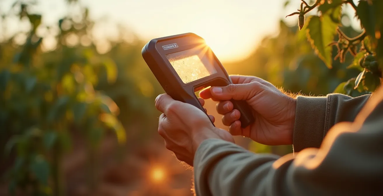 Manos de agricultor usando refractómetro en campo de tomates bajo luz natural