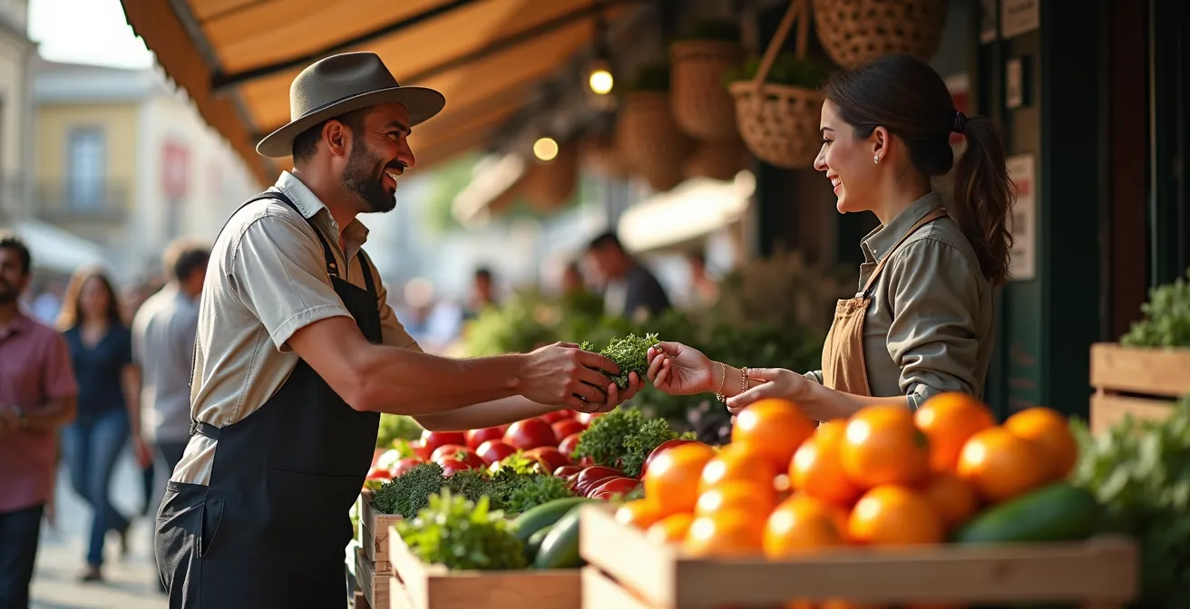 Agricultor español vendiendo productos frescos directamente a clientes en un puesto de mercado rural