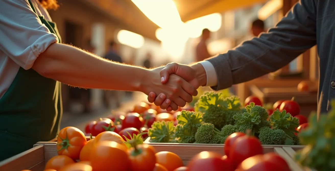 Mercado de agricultores español con productos frescos y encuentro entre productor y consumidor