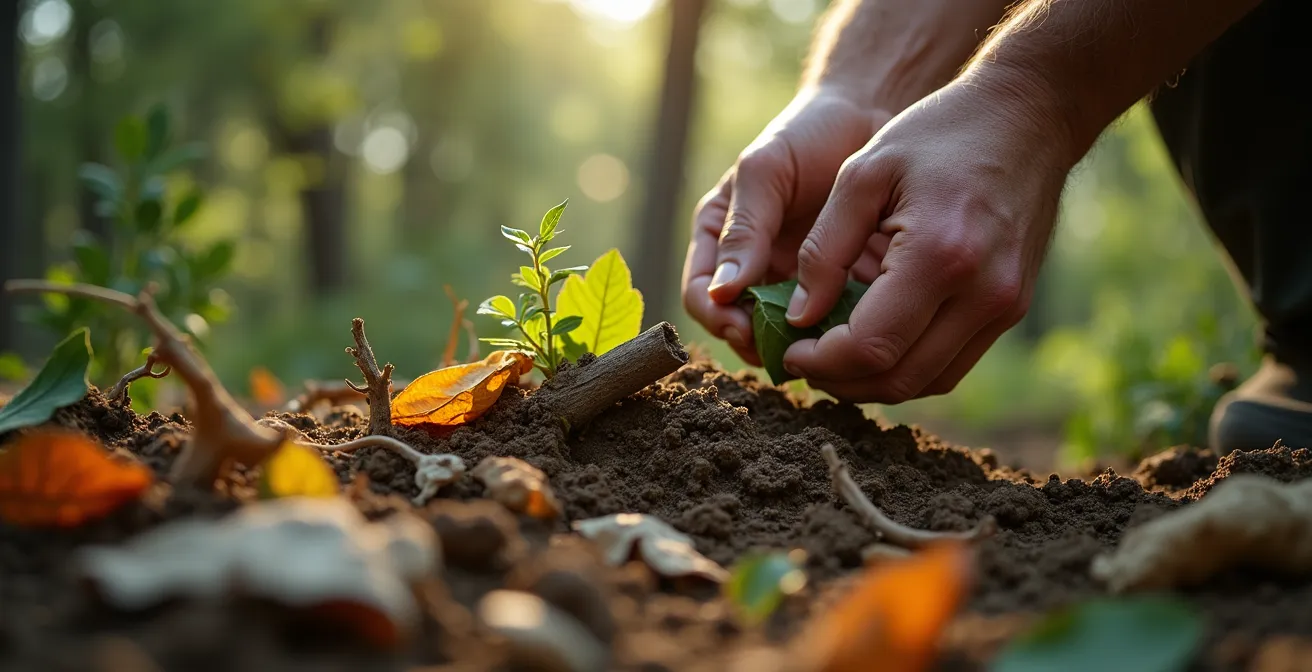 Manos recolectando hojarasca rica en microorganismos en bosque mediterráneo español