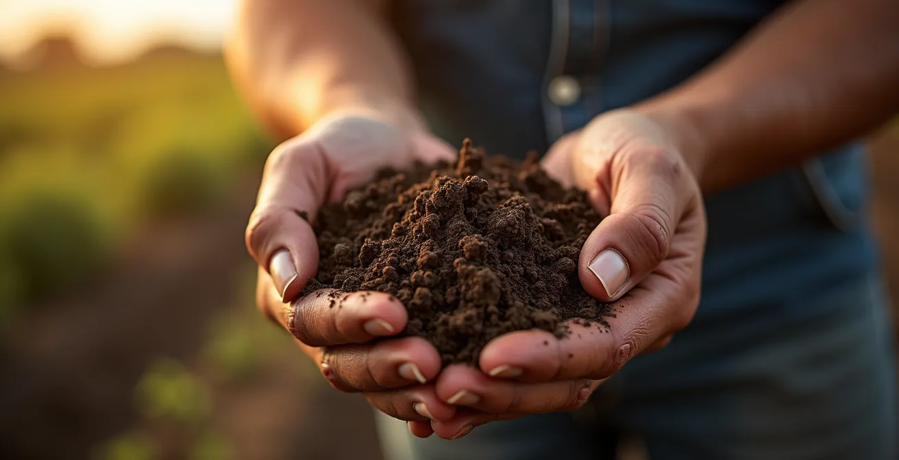 Vista microscópica artística de la rizosfera mostrando la interacción entre raíces y microorganismos del suelo